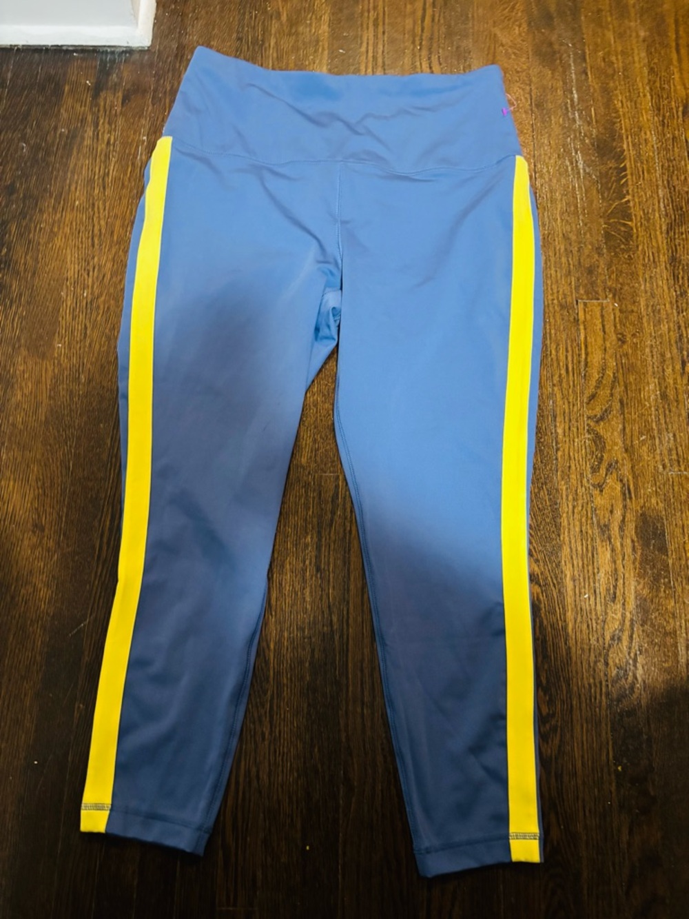 ZELOS, NWT Blue Athletic Leggings with Yellow Side Stripe, Size XL